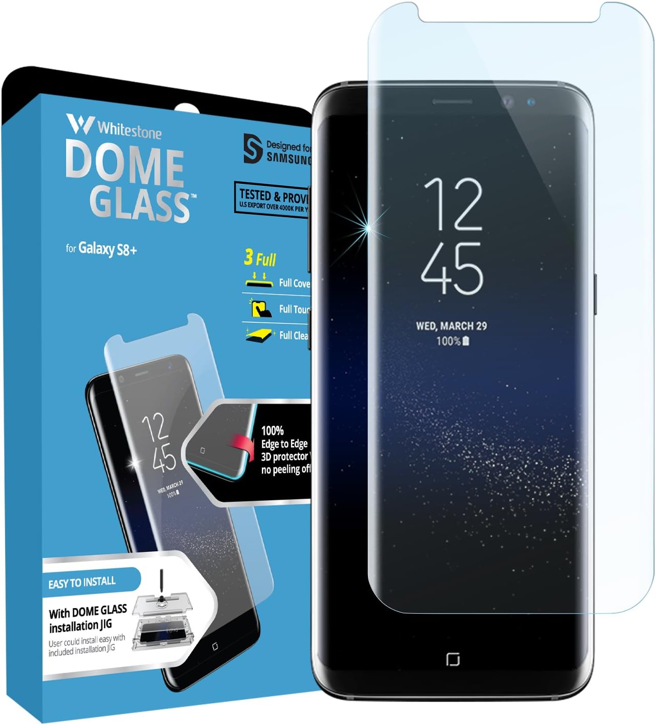 Dome Glass Galaxy S8 Plus Screen Protector, Full Coverage 3D Curved Tempered Glass Shield [NO UV Light Included] Easy Install by Whitestone for Samsung Galaxy S8+ (2017) - Replacement Only