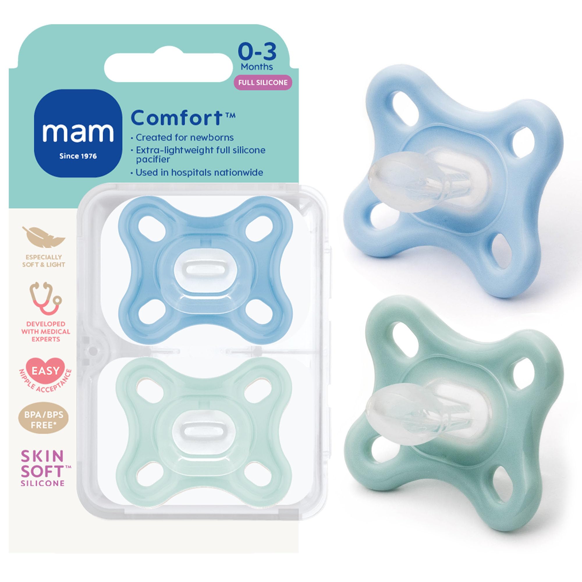 MAM Comfort Baby Pacifier 0-3 Mths Lightweight One-Piece Silicone 2 Pack