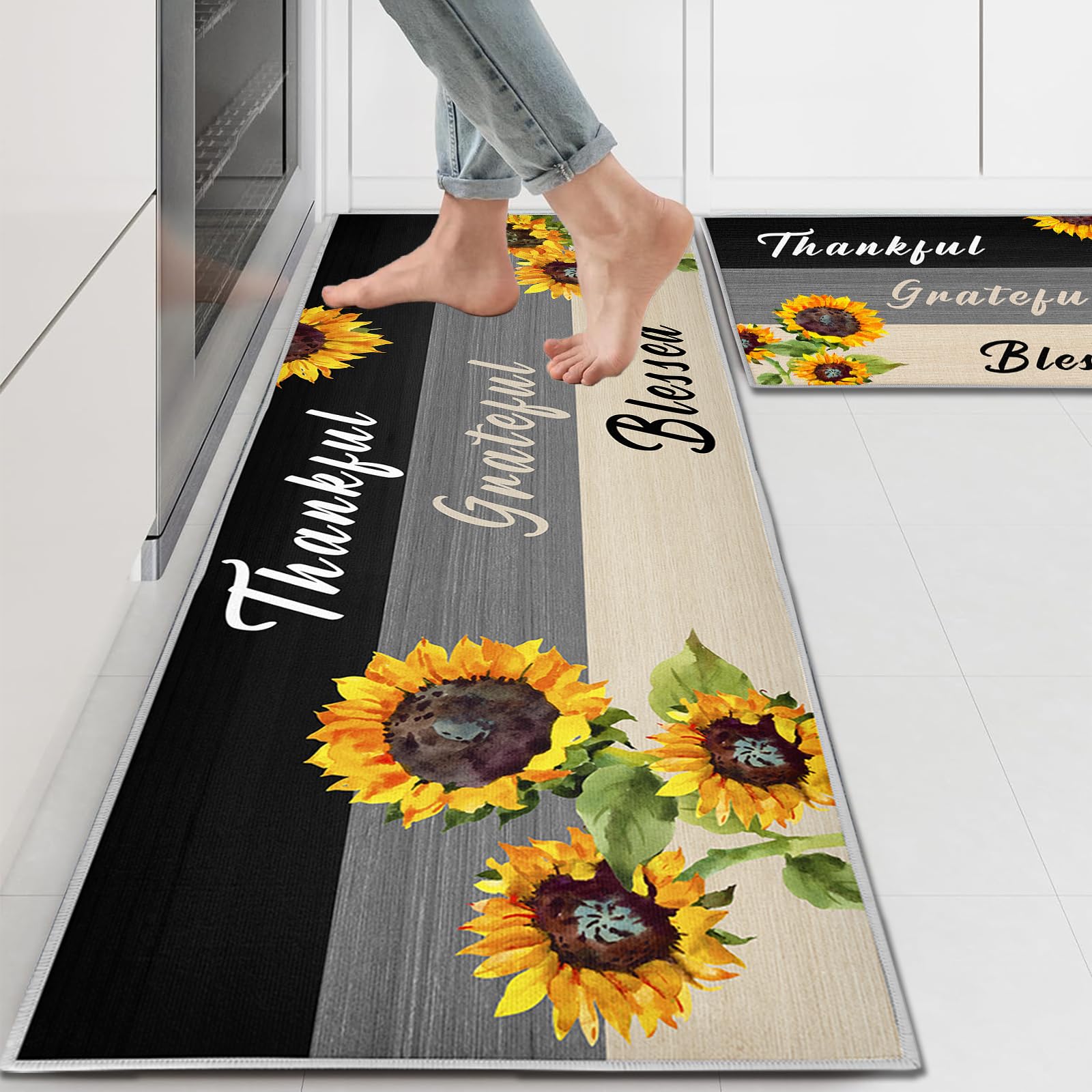 Black Kitchen Rugs and Mats Sets of 2 Pieces Funny Kitchen Decoration Non Slip Super Absorbent Kitchen Mat Runner Rug for Sink,Hallway,Laundry Room (Sunflower, 43x150cm+43x75cm)