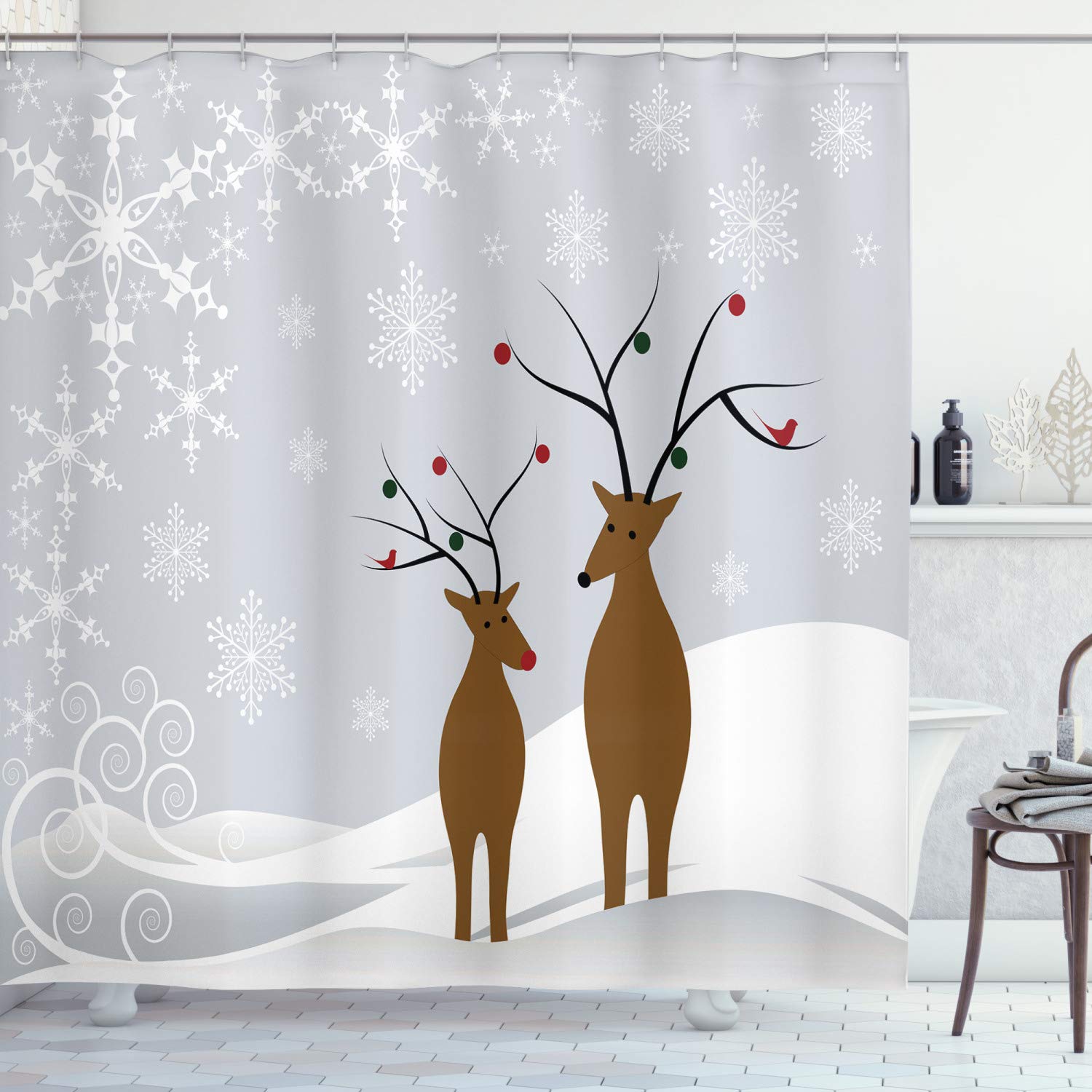 ABAKUHAUS Christmas Shower Curtain, Reindeers at Noel Time Yule with Snowflakes in Winter Santa Print, Cloth Fabric Bathroom Decor Set with Hooks, 94 Inches, Brown Pale Grey White — image 1