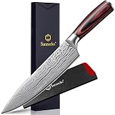 Sunnecko 8 Inch Chef Knife - Ultra Sharp Vegetable Kitchen Knife | 12-15 Degree Edge for Meat Cutting Japanese Style, High Carbon Stainless Steel, Pakkawood Handle &amp; Sheath, Cooking &amp; BBQ Gift