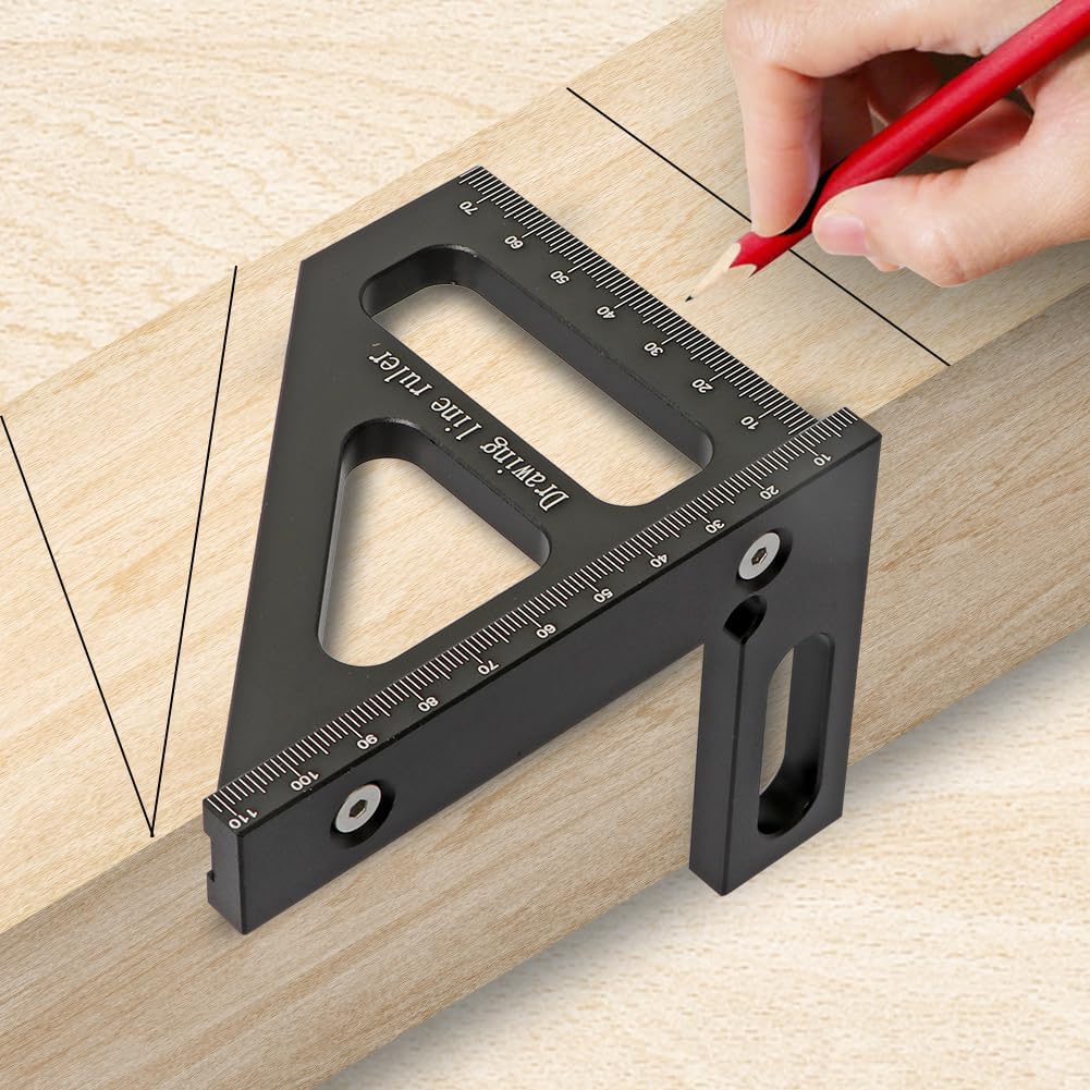 KLYKLL 3D Multi-Angle Measuring Ruler, 45/90 Degree Aluminum Alloy Miter Triangle Ruler, Woodworking Square Protractor, High Precision Layout Measuring Tool for Engineer Carpenter Craftsmen - Black