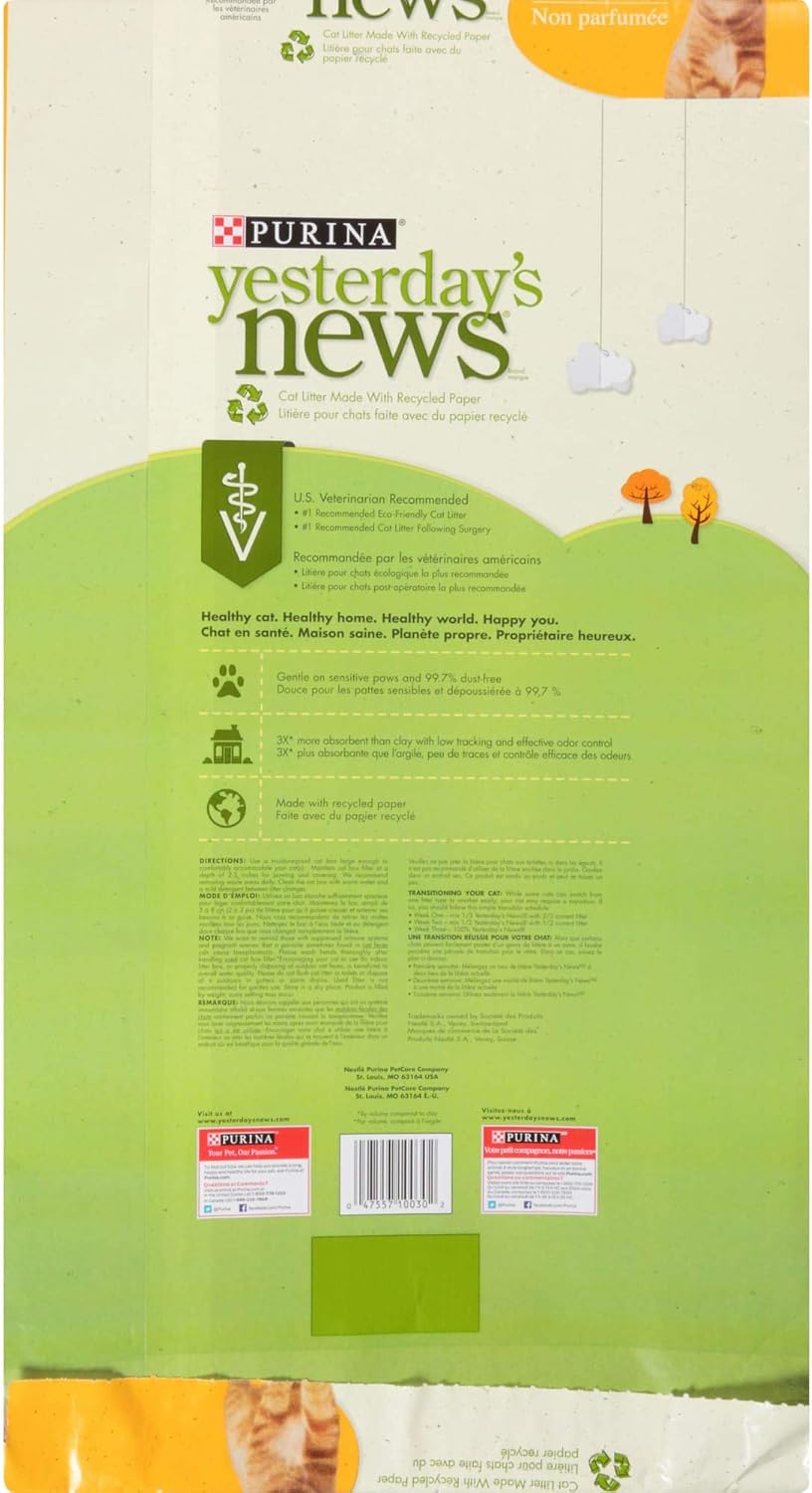 Purina Yesterday's News Non Clumping Paper Cat Litter, Unscented Low Tracking Cat Litter - 30 lb. Bag : Pet Litter : Pet Supplies