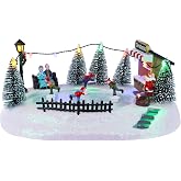MEETYAMOR Christmas Village House, Animated Ice Skating Pond with 4 Moving Skaters Snow Scene, Lighted Christmas Skating Rink for Home Indoor Tabletop Mantel, Musical Collectible Buildings Decor