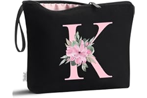 Vavabox A-Z Personalized Makeup Bag,Birthday Gifts for Women Mom,Gifts for Best Friend,Bride Bridesmaid Cosmetic bag (K, Black)