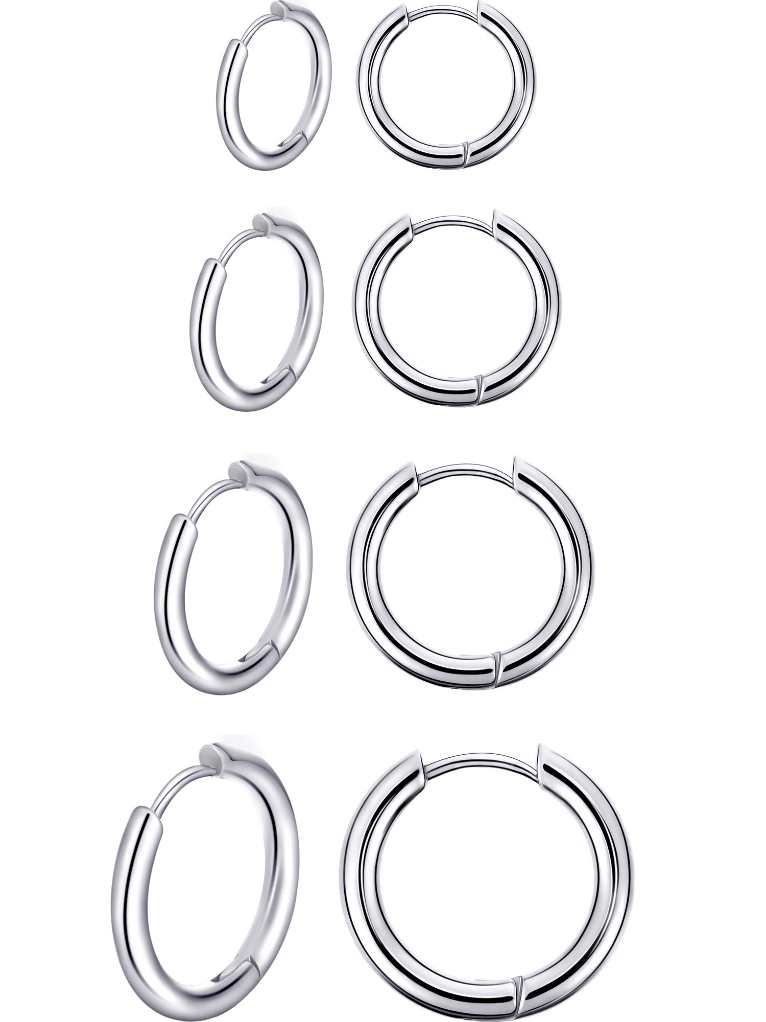4 Pairs Stainless Steel Hoop Earrings Small Cartilage Hoop Earrings Nose Lip Rings for Men and Women (Silver, 8 mm, 10 mm, 12 mm, 14 mm)