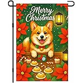 IVN Christmas Garden Flag 12x18 Inch Double Sided Corgi Dog with Poinsettia Flowers Lanterns and Christmas Cookies Outdoor Yard Flag for Outside Home Front Door Lawn Porch Patio Welcome Decor