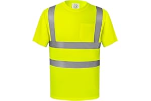 wefeyuv High Visibility Shirts Quick Dry Safety T Shirts with 4 Reflective Strips and Pocket Short Sleeve Mesh Hi Vis Construction Work Class 2 Shirt for Men/Women Yellow, L