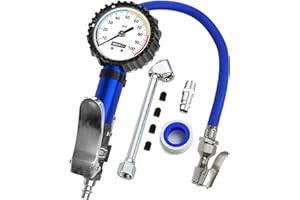 GERCHWAY Tire Pressure Gauge with Inflator and Longer Hose - Most Accurate, Heavy Duty Air Chuck with Gauge for Air Compressor Tire Inflator Attachment - 100PSI