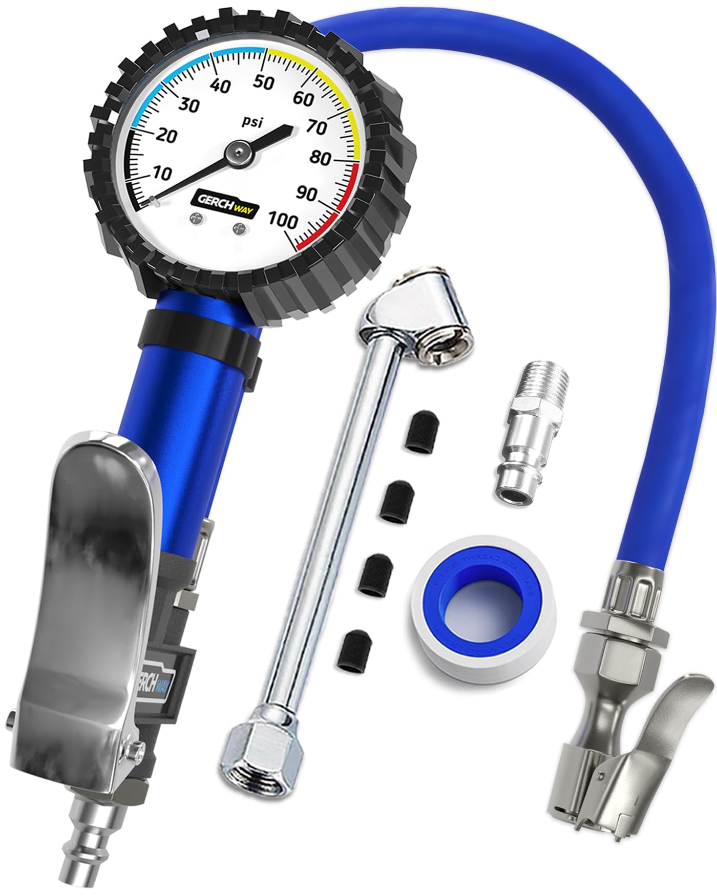 Photo 1 of Tire Pressure Gauge with Inflator and Longer Hose - Most Accurate, Heavy Duty Air Chuck with Gauge for Air Compressor Tire Inflator Attachment - 100PSI