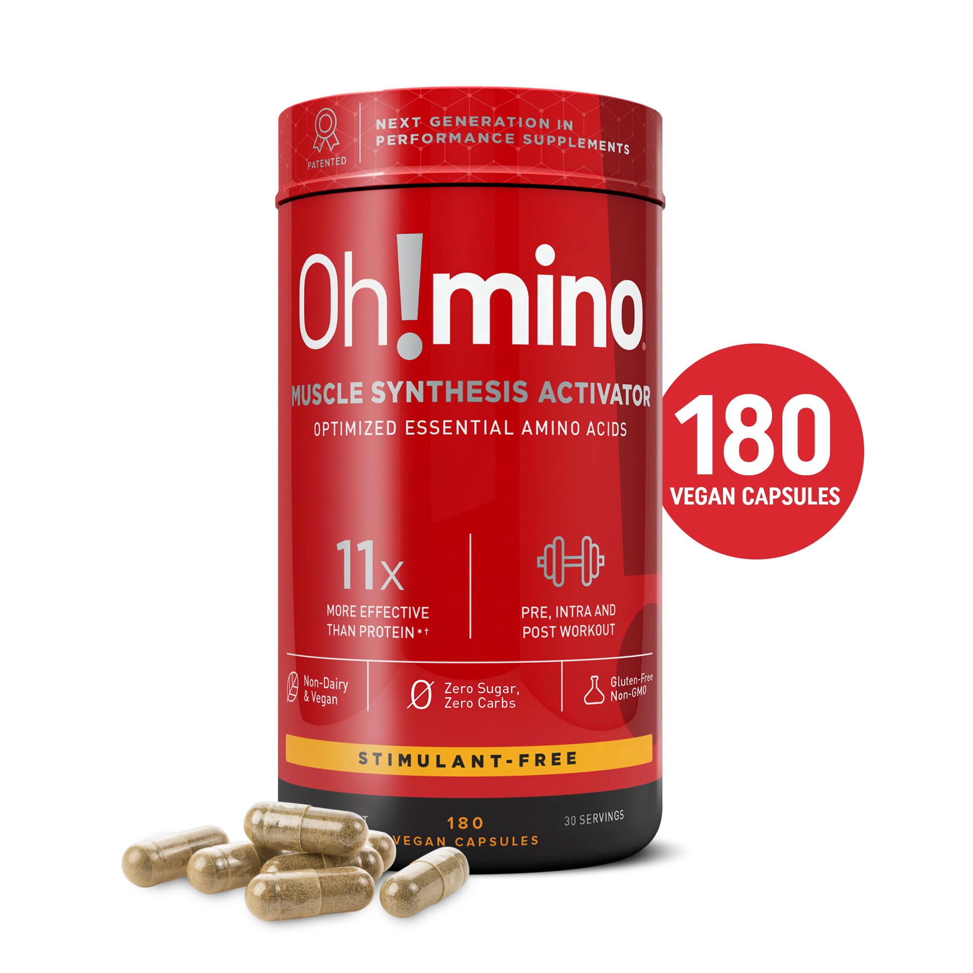 Oh!mino Essential Amino Acids Supplement. Stimulant-Free Capsules. All 9 EAAs, BCAAs and The Perfect Amino for Workouts, Amino Energy, and to Build Muscle, and Recover Faster.