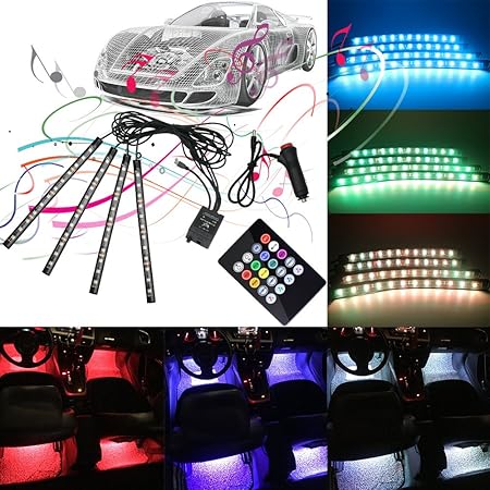 Amazon 車 Ledテープライト ロングケーブル式 ミニバン車対応 シガーソケット仕様 Smd5050 12v 防水 高輝度 音に反応機能 Rgb フットランプ 8色切替 車用フットライト Ledテープ 車 バイク