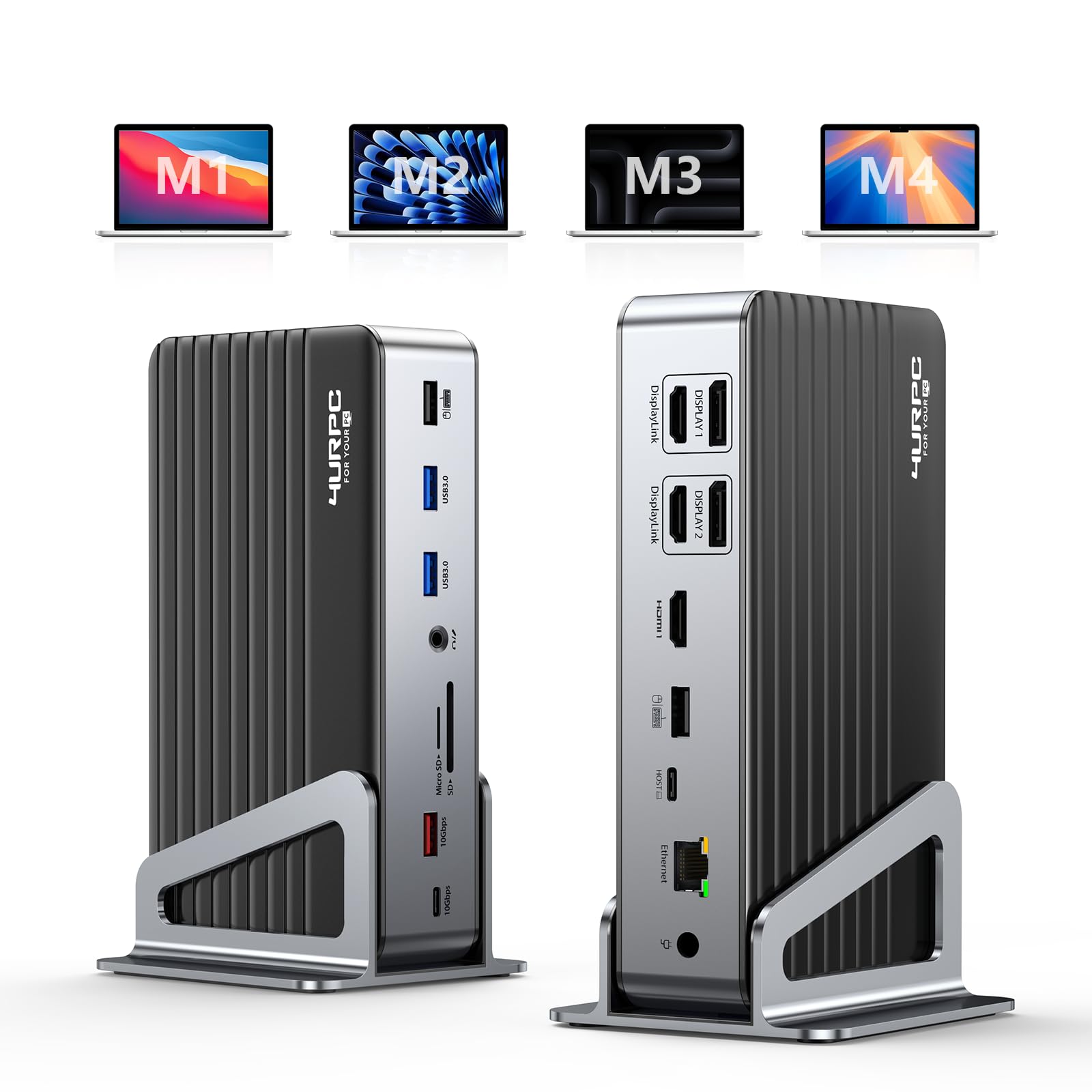 Photo 1 of 4URPC DisplayLink Docking Station Triple 4K@60Hz Monitor with 120W Power Adapter, Laptop Dock for Thunderbolt 5/4/3, USB C M1/M2/M3/M4 MacBook/Windows(Single 8K)/Chrome(3 HDMI, 2 DP, 6 USB, Ethernet)