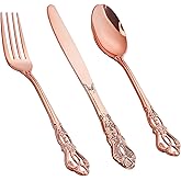 Joyido 300PCS Rose Gold Plastic Silverware - Heavy Duty Elegant Disposable Utensils - Vintage Rose Gold Cutlery Set Includes 100 Forks, 100 Spoons, 100 Knives for Dinner Parties Weddings