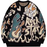 Kissonic Women's Dinosaur Sweater Vintage Oversized Cartoon Dino Sweater Crewneck Knit Pullover