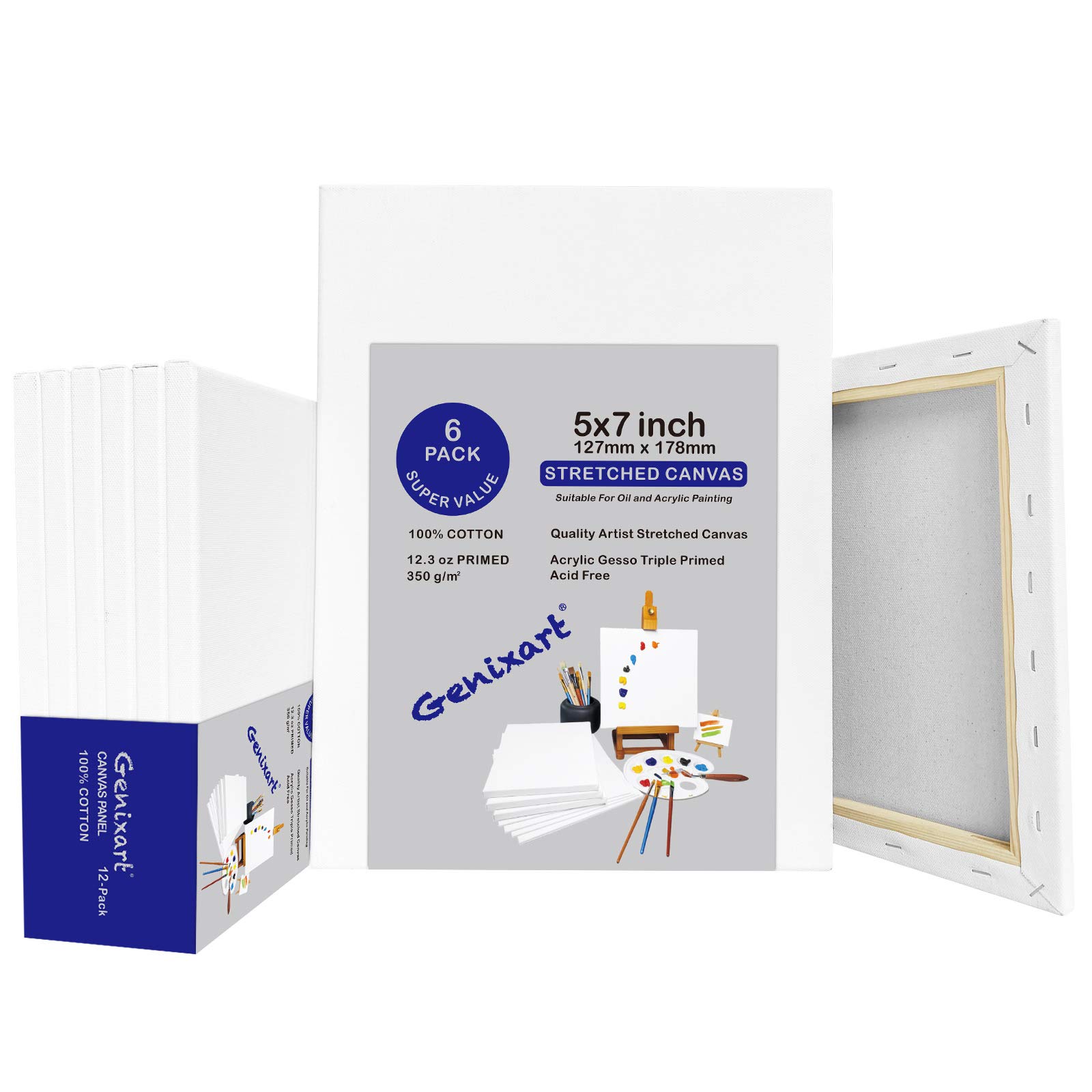 Genixart White Blank Stretched Canvas, Primed Professional Artist Canvases for Acrylics & Oils Painting (13x18cm / 5"x7" (6Pack))