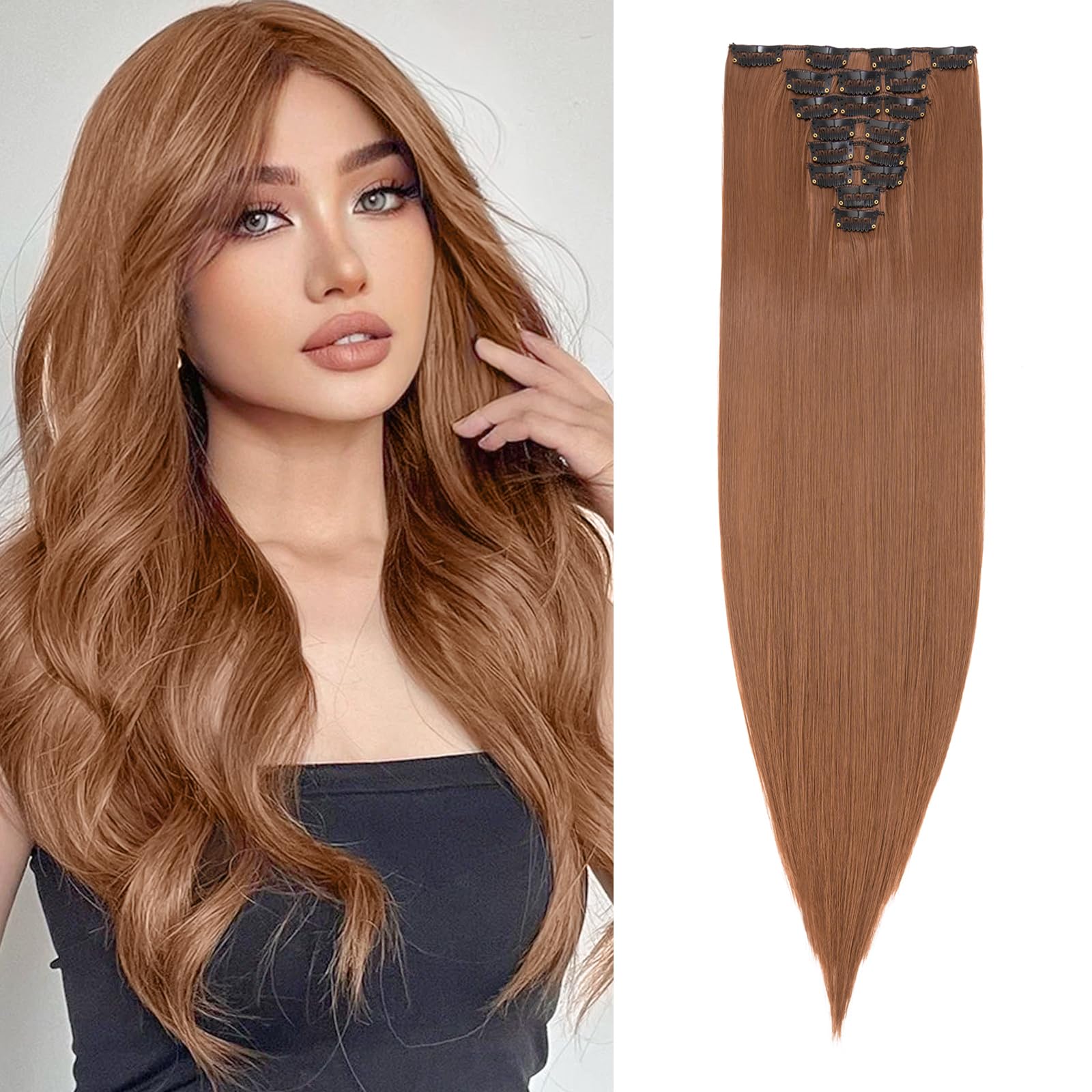 26" Long Straight Clip in Hair Extensions Full Head 8Pcs 18Clips Ombre Colorful Synthetic Hair Clip in Hairpiece Light Brown