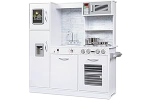 Lil' Jumbl Kids Kitchen Set, Pretend Wooden Play Kitchen, Battery Operated Icemaker & Microwave with Realistic Sound, Pots & Pan Included - White