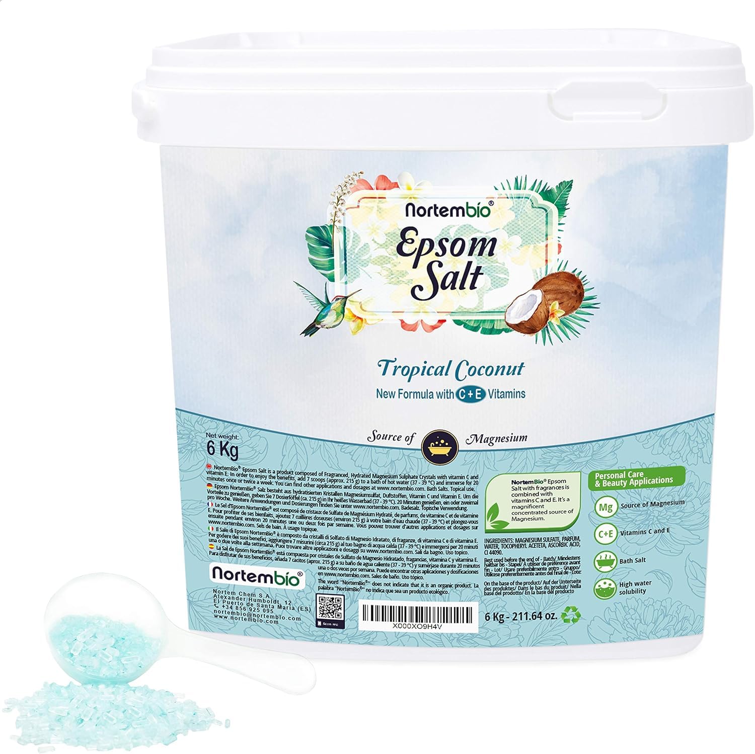 Nortembio Epsom Salt 100% Tropical Coconut Fragrance 6 kg – Natural Source of Magnesium | with Moisturizing Vitamin C & E | for Relaxing Baths, Spa & Skincare + Free E-Book