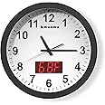 Wall Clock, Digital Clock, 12" Metal Frame Quartz LED Analog Wall Clock, Light Sensor Auto 1.4'' LED Time or Temperature Display, Battery Powered, Adjustable Brightness, Silent Quiet Sweep Second Hand