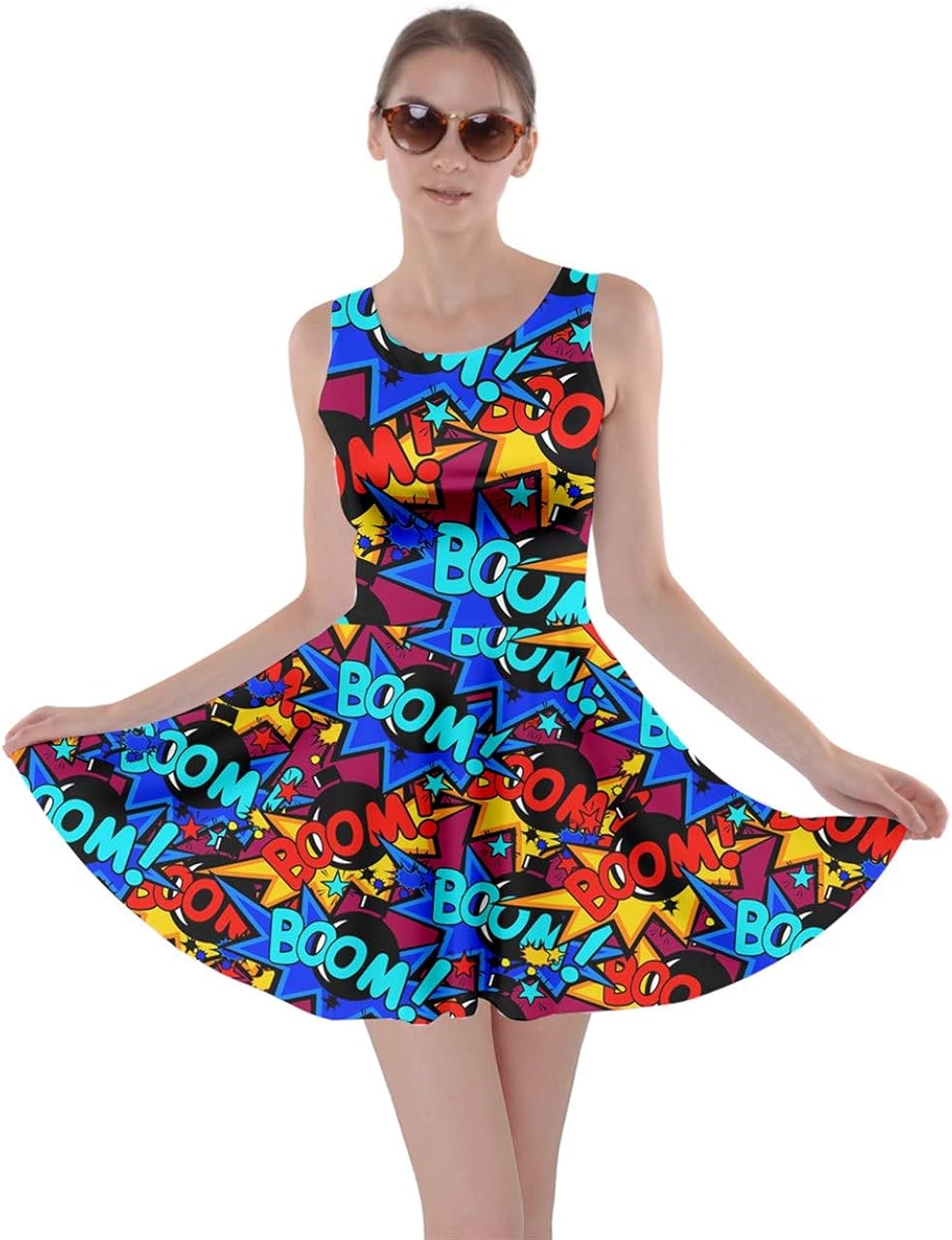 CowCow Womens Middle Finger Hands Emotions Emoji Smile Face Lips Pop Art Skater Dress, XS-5XL
