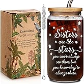 Sister Are Like Stars Glass Cups with Lids and Straws Birthday Gifts for Bestie Friend Sister, Mothers Day, Graduation Sisters 16oz Glass Drink Cup Gifts for Sisters Women from Brother, Sibling Gift