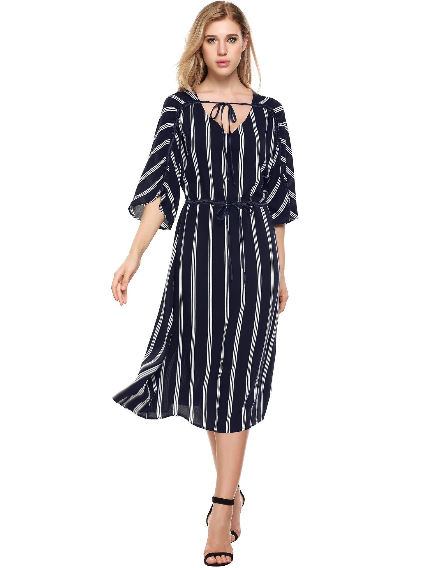 Seewebest Women's VNeck Half Sleeve Striped Drawstring Casual Loose