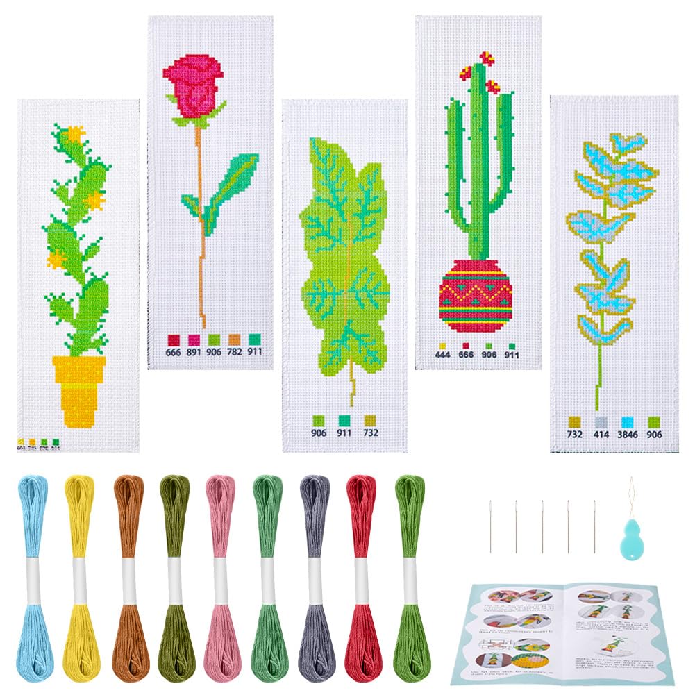 arricraft 5 Sets Cross Stitch Bookmark Kits, Cactus Potted Plant Embroidery Bookmark Kit DIY Stamped Bookmark Crossstitch Projects with Threads Needles Counted Cross Stitch for Beginners