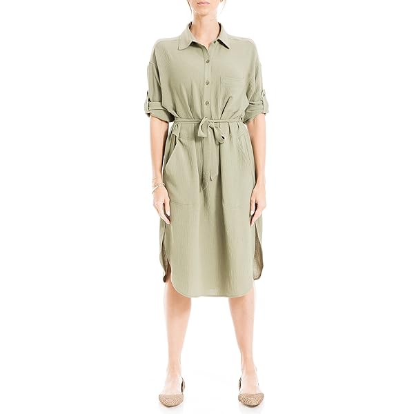 Max Studio Women's Peachskin Tab Sleeve Midi Shirt Dress, Black, Large at  Amazon Women's Clothing store