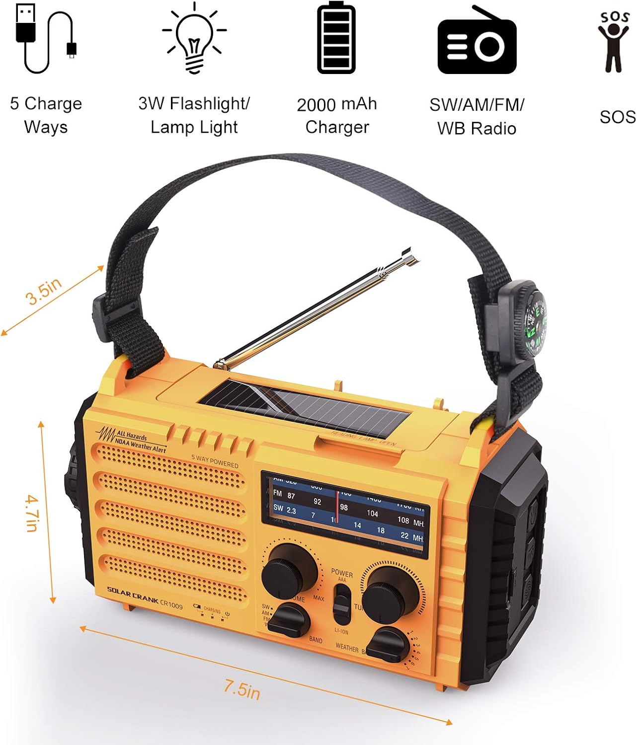 Weather Radio Raynic Solar Hand Crank Emergency Radio 5 Ways Powered AM/FM/SW/NOAA Weather Alert Portable Radio with Flashlight, Reading Lamp, Cellphone Charger and SOS Alarm (Yellow): Home Audio & Theater