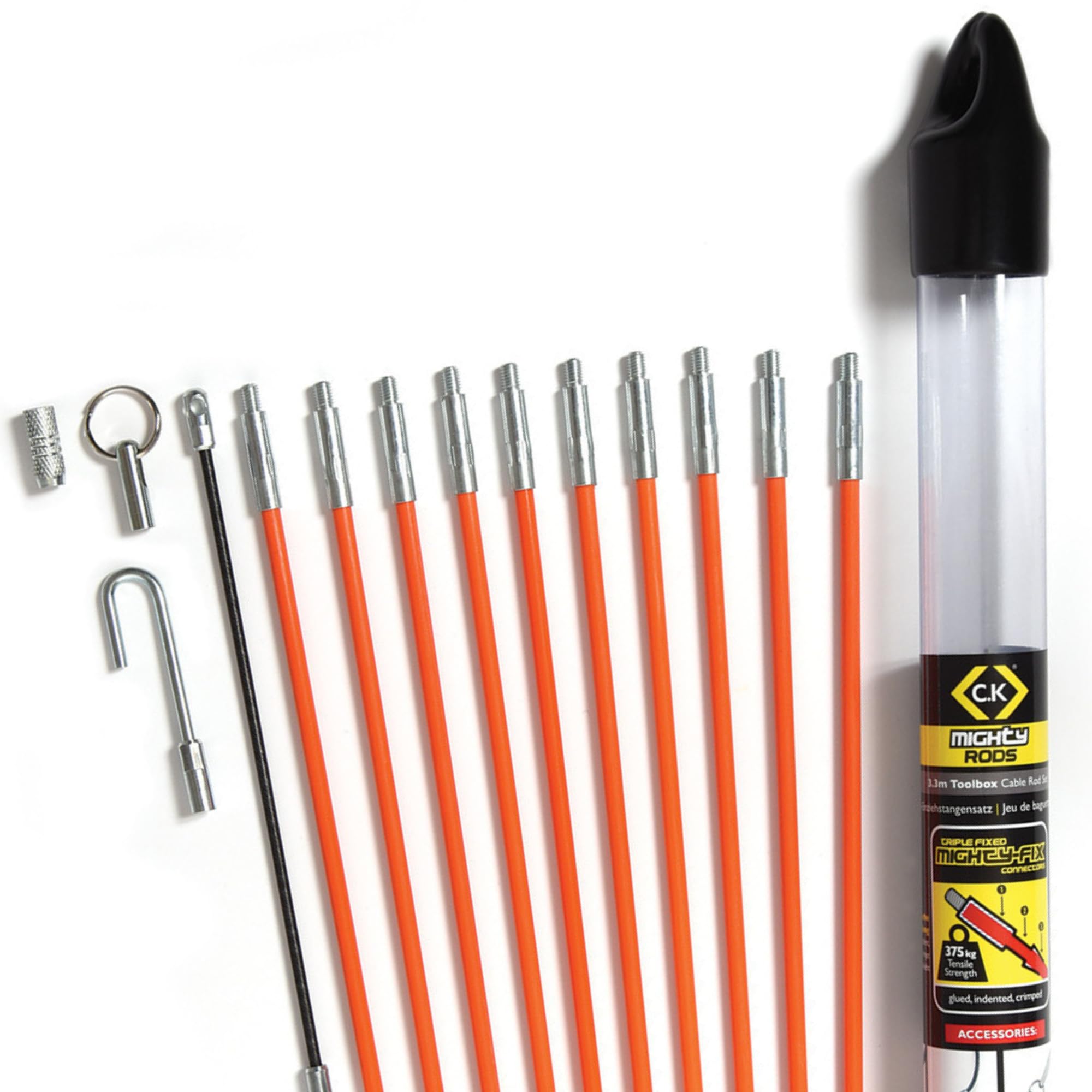 C.K MightyRods 3.3m Cable Rods Compact Toolbox 14pc Kit, 5mm Ø Electric Wire Puller for Tool Box, Cable Installation Access Fishing Tool, Pulling Rod, Electrical Fish Tape, Electricians Tools CK T5411