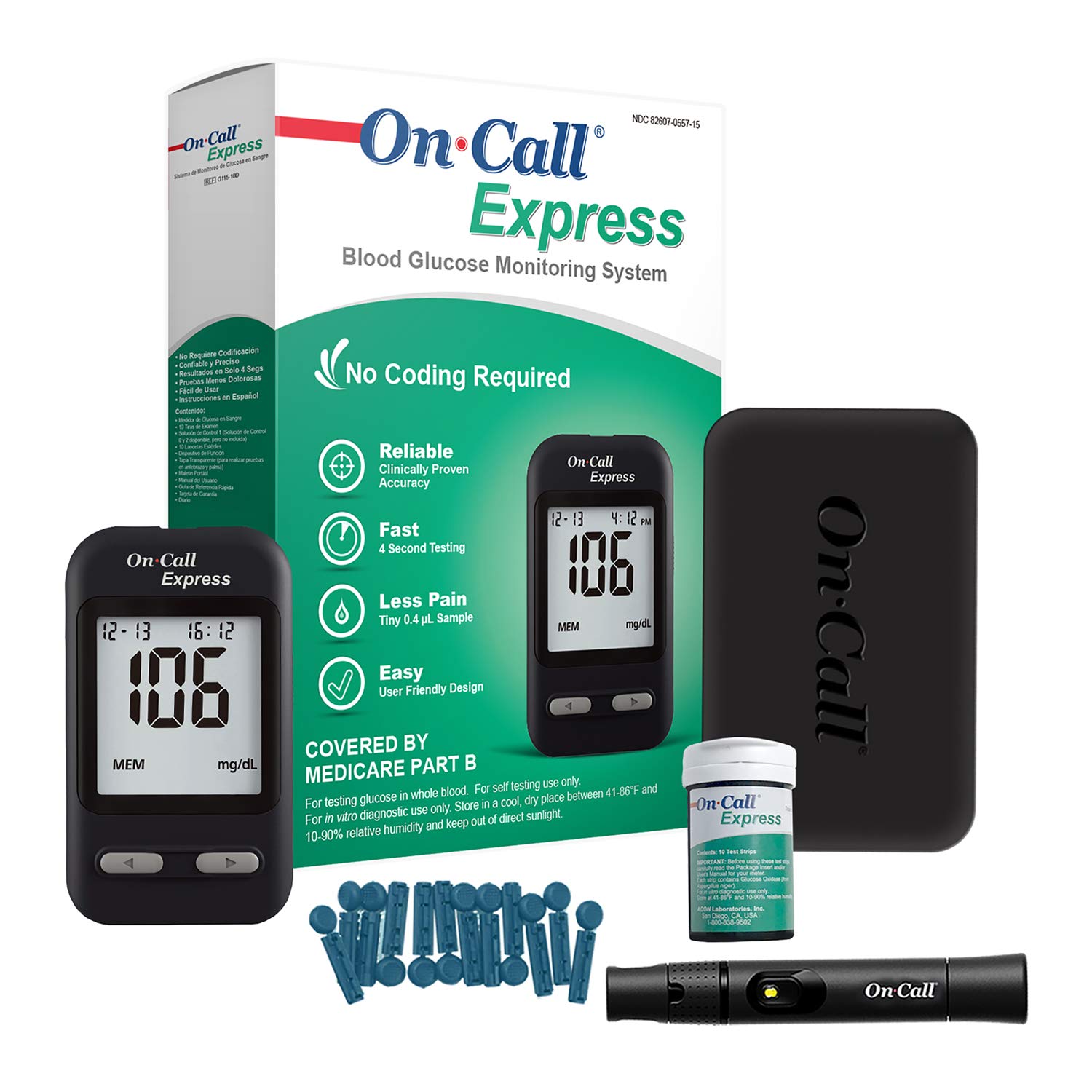 Amazon.com: On Call Express Diabetes Testing Kit- On Call Express Blood Glucose Meter, 10 Blood Test Strips, 1 Lancing Device, 30G Lancets, Control Solution ...