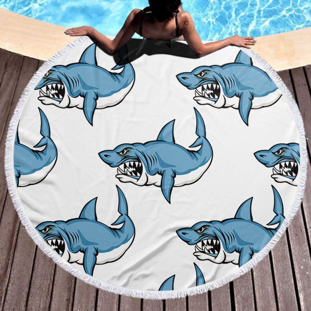 Jiahong Pan Oversized Beach Towel Fierce Predatory Swimming Shark Baring Teeth in A Seamless Repeat Absorbent Beach Towel 59 Inch Diameter