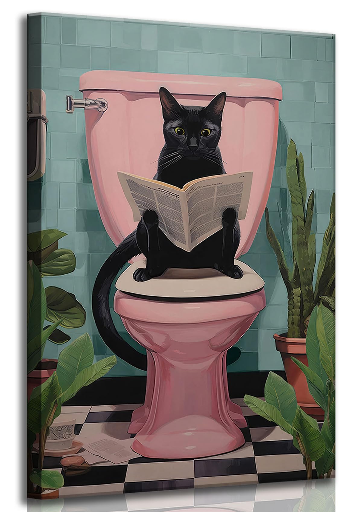SXHANJXT Framed Funny Bathroom Cat Canvas Wall Art Black Cat Sitting on Toilet Reading Newspaper Pai
