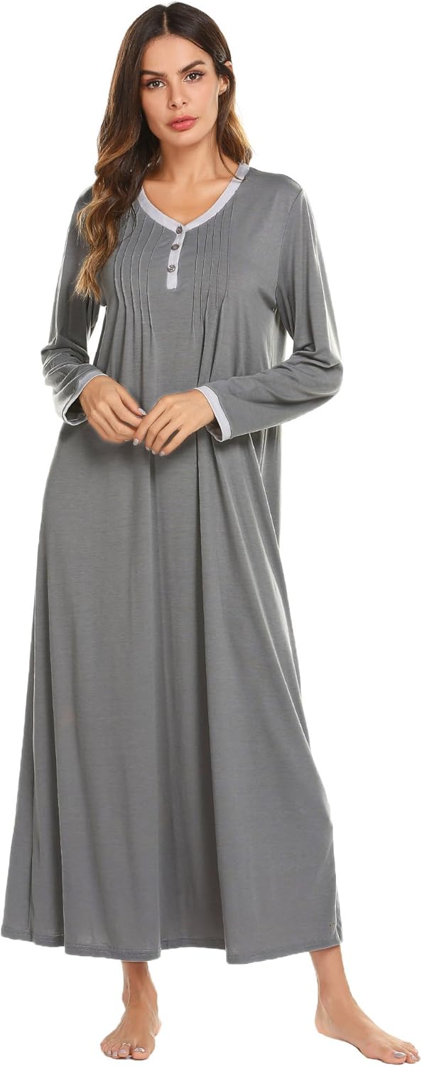 Ekouaer Womens Nightshirt Long Sleeves Nightgown, Casual Button Up Sleepwear Henley Full Length Sleep Dress at  Women’s Clothing store
