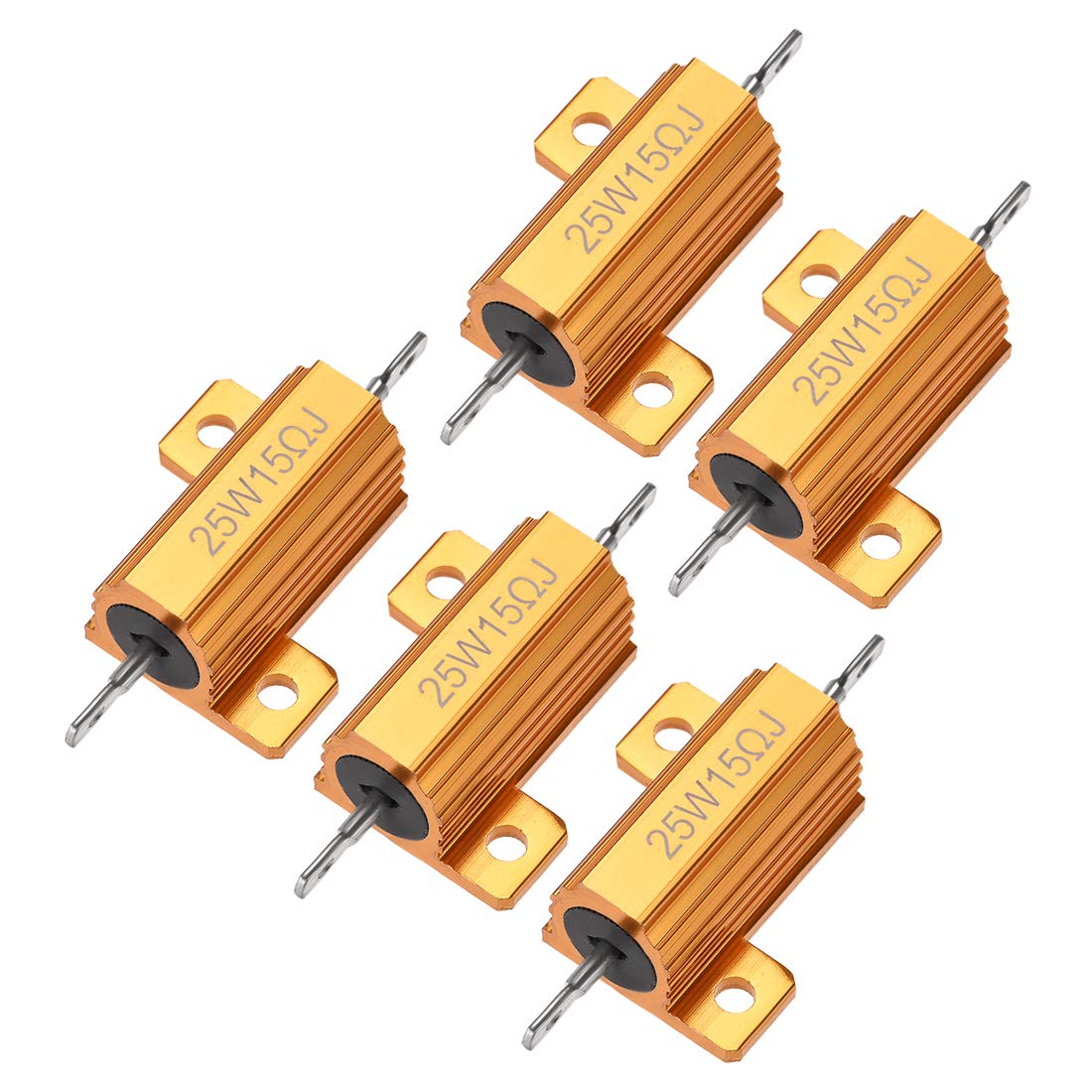 sourcingmap 25W 15 Ohm 5% Aluminum Housing Resistor Screw Tap Chassis Mounted Aluminum Case Wirewound Resistor Load Resistors Gold Tone 5 Pcs