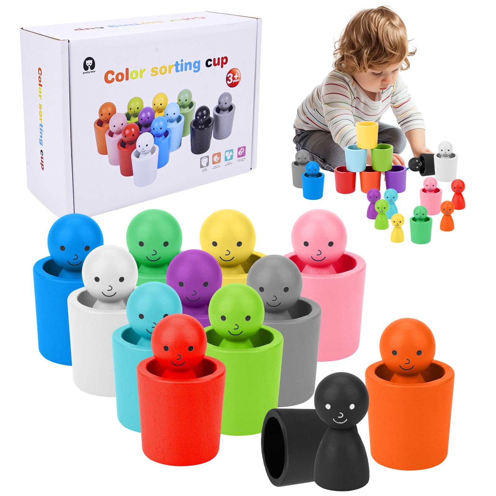 Colour Sorting Toys for Toddlers, Colóur Sorting Toys, Peg Dolls in Cups, Stacking Cups, Colour Sorting Sensory Toy, Baby Stacking Cups, Portable Baby Toys for Toddlers Matching Stacking Preschool