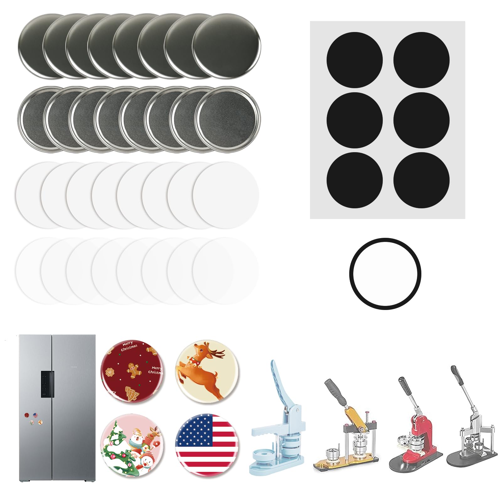Photo 1 of 100 Sets Button Maker Supplies 58mm/2.25in?Button Parts for Fridge Magnet Button Maker Machine?Including Metal Cover, Metal Back Cover, Clear Film, Blank Paper, Soft Magnet and Gasket