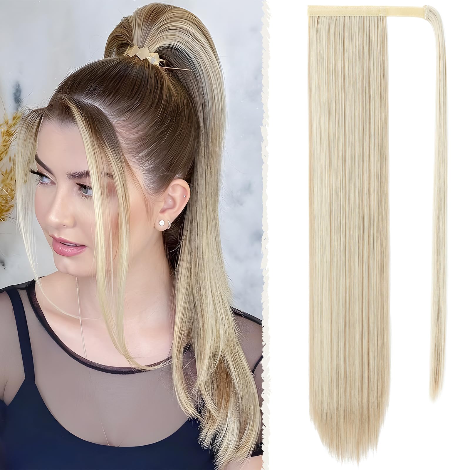 Benehair 28 Inches Straight Ponytail Extension Long Wrap Around Drawstring Ponytail Synthetic Hair Extension Ponytail Blonde Mix Brown Hair Pieces for Women(Blonde Mix Brown, 140g)
