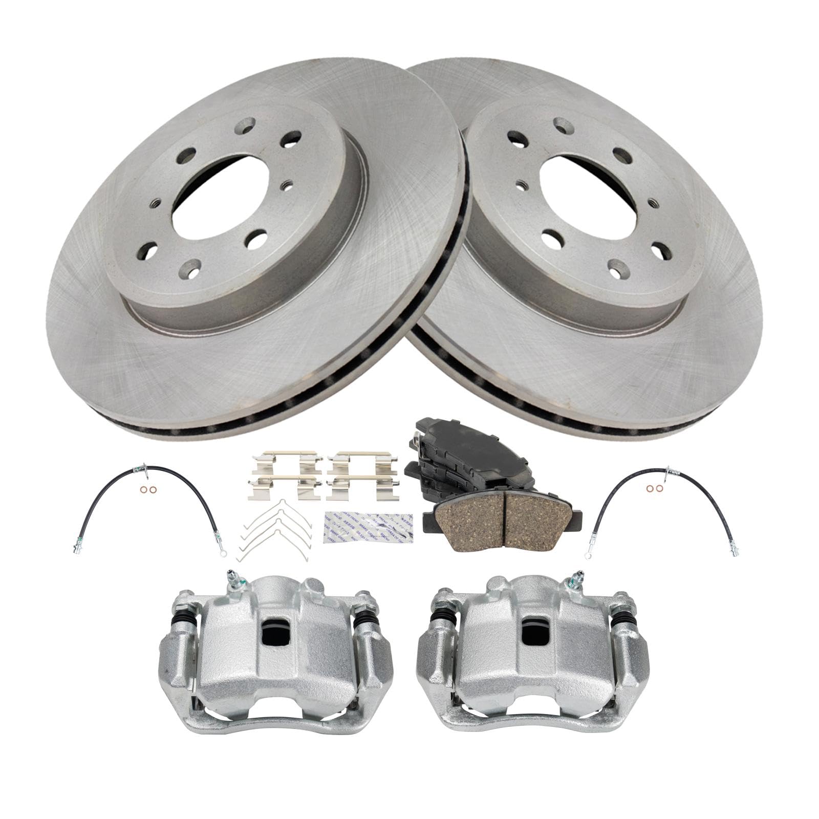 TRQ Front Brake Pad and Rotor Set Ceramic Rotors Calipers Hoses Compatible with 2015-2020 Honda Fit Image