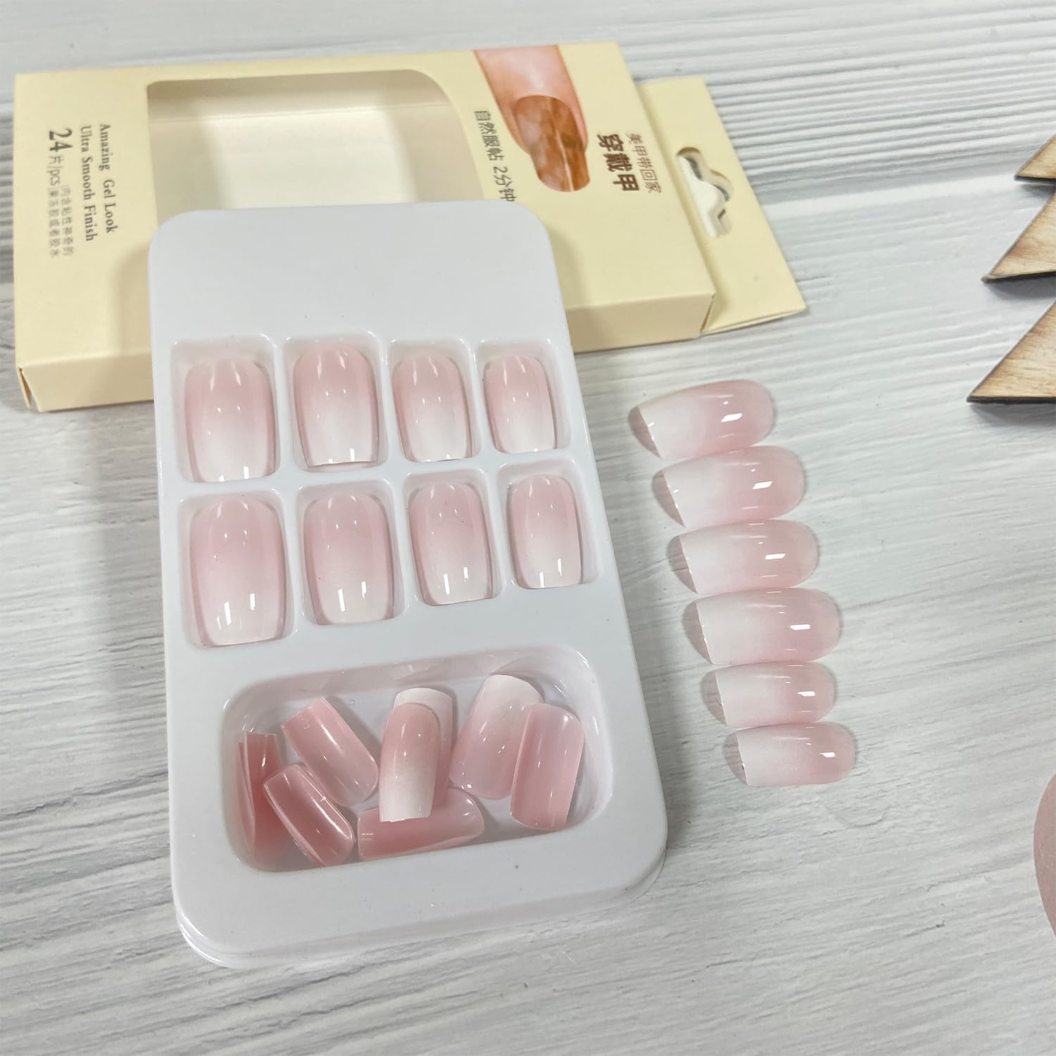 Ombre Press on Nails - Medium Square Pink White Gradient French Tip False Nails, Glossy Full Cover Stick on Acrylic Artificial Reusable Glue on Nails, 24Pcs - Image 5