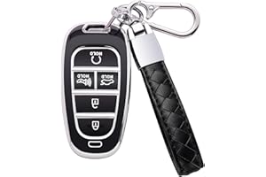 Kespevn for Hyundai Key Fob Cover 5 Button Soft TPU with Leather Keychain 360 Degree Protection Car Key Case Shell Holder Fits for 2023 2022 2021 2020 Hyundai Sonata Santa fe Tucson, B Black