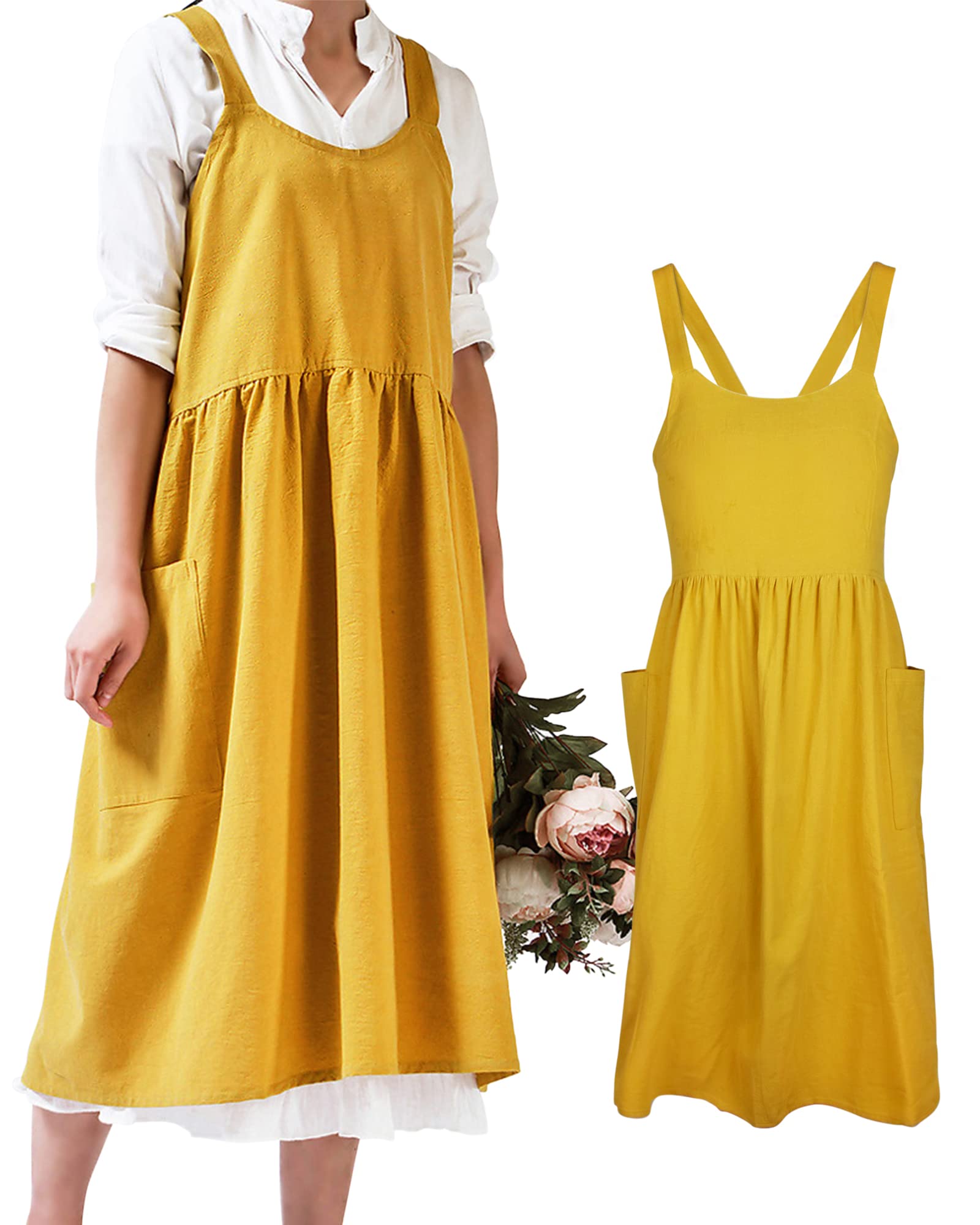 Small snail Women Apron Japanese Style X Shape Cotton Aprons Halter Cross Back Bandage with Big Pockets Solid Color Literature Art Casual Bib for Cooking Chef Cafe Flower Shop Yellow