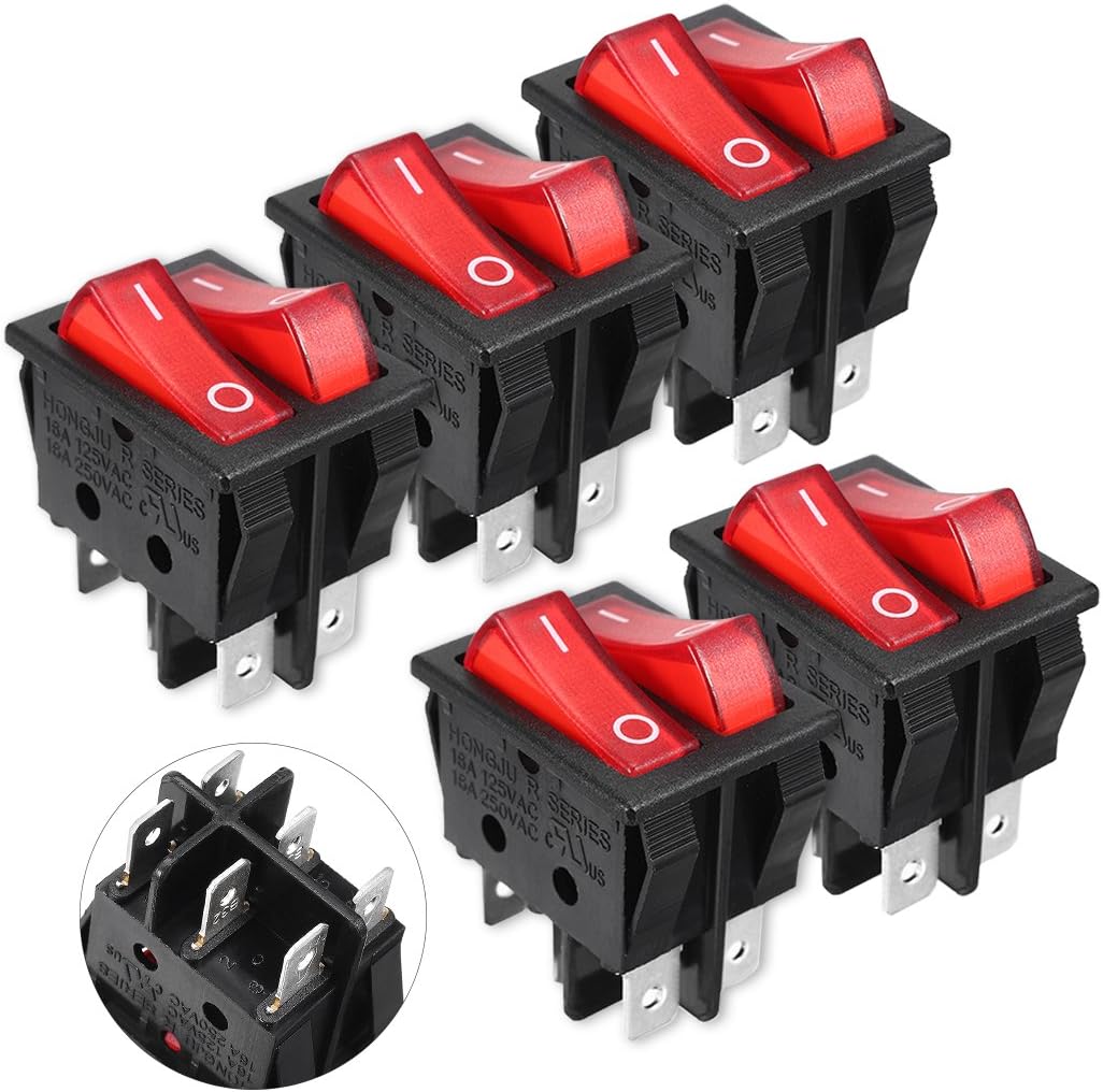 uxcell 5 Pcs Red Light Illuminated Double SPST Snap IN Boat Rocker
