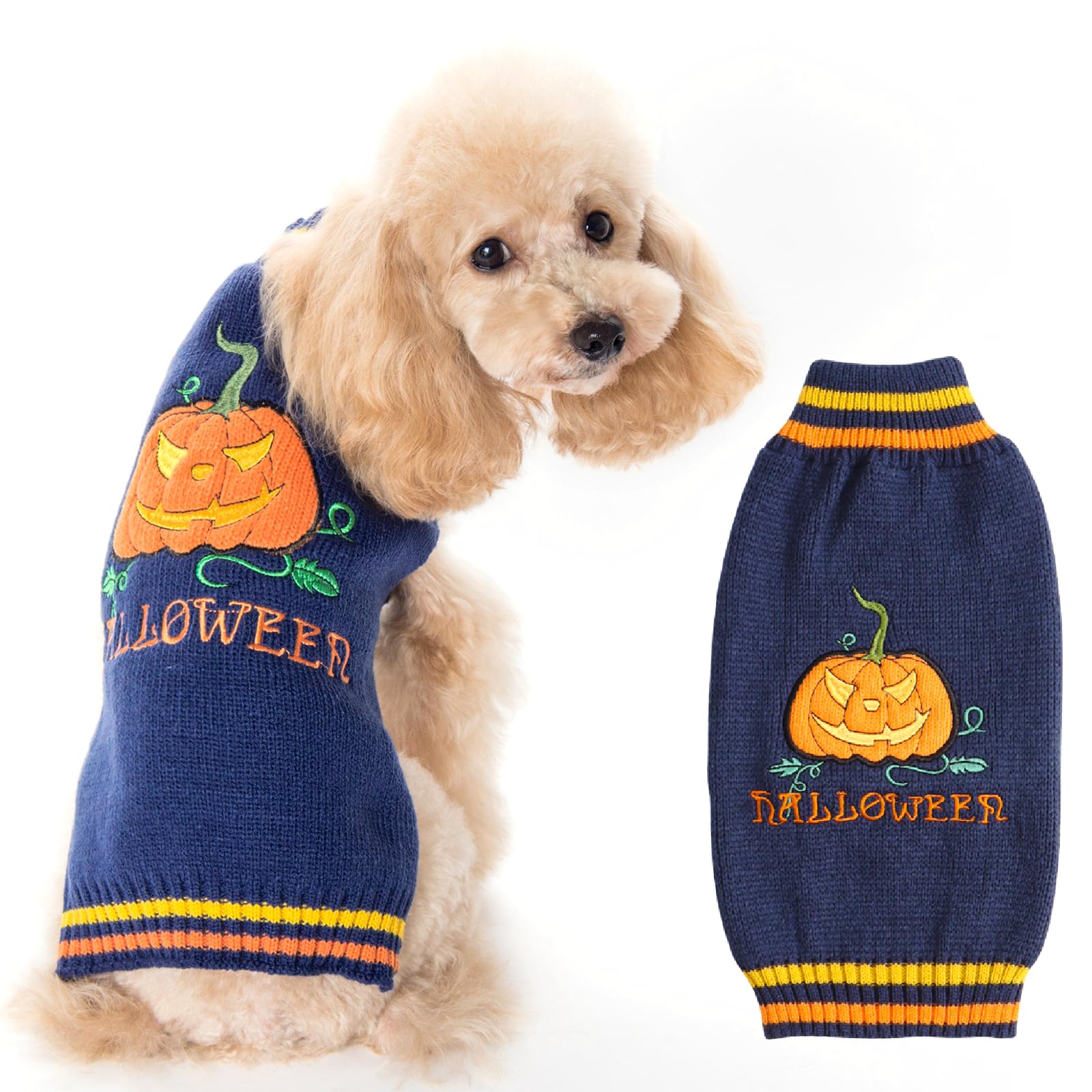 Asmea Halloween Sweater for Dog and Cat – Warm Pumpkin Costume Dress – Sweater Size for Small Medium Large Dogs – Blue XS