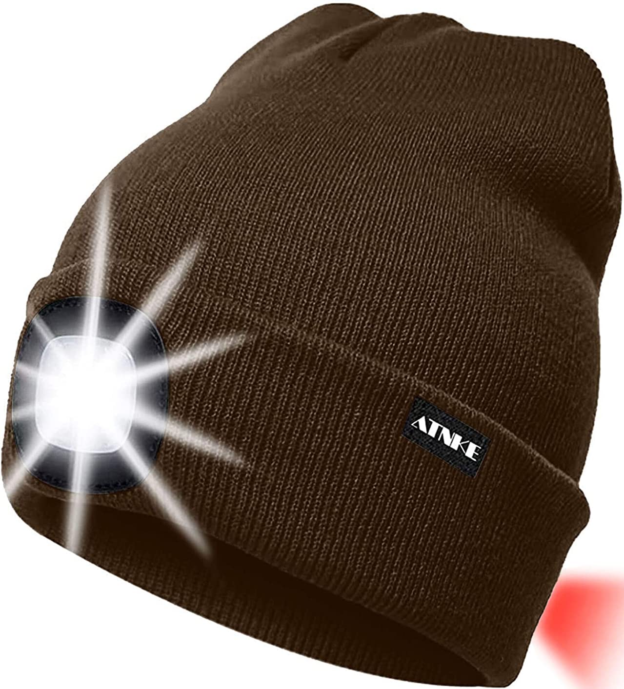 ATNKE 8LED Lighted Knit Hat,USB Rechargeable Running Headlamp Cap Ultra Bright Waterproof Light Lamp and Flashing Alarm Red Tail Light Multi-Color/Brown