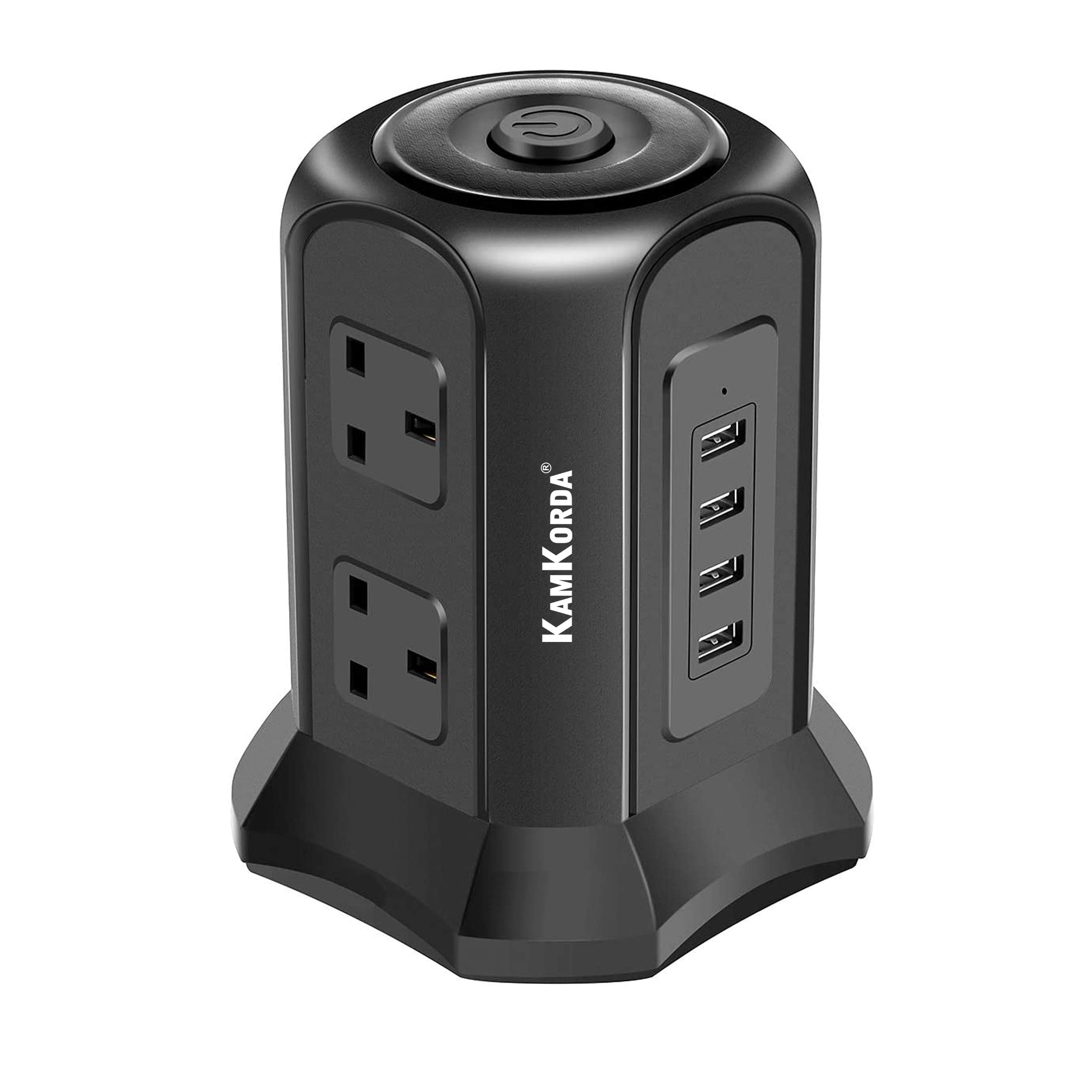 Extension Lead Tower with USB Slots | 6 Plug Sockets & 4 USB Ports Power Tower | Surge-Protected Tower Extension Lead with 2M Cable & Switches for Home/Office Charging (Black)