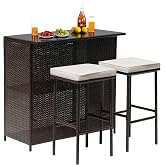 Wicker Patio Furniture 3 Piece Patio Bar Table Set Chairs Wicker Outdoor Rattan Bistro Set Glass Top Table and Two Stools for Yard or Backyard