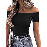 OwnTime Sexy Off The Shoulder Tops for Women Summer Short Sleeve Shirts Ribbed Slim Fitted Trendy Going Out Tops Blouses