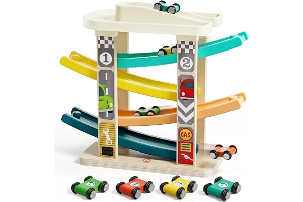 TOP BRIGHT Car Race Toy for Toddlers, Race Track Game Toy Vehicle Sets with 4 Wooden Cars, 1 Parking Garage and 4 Car Ramps,